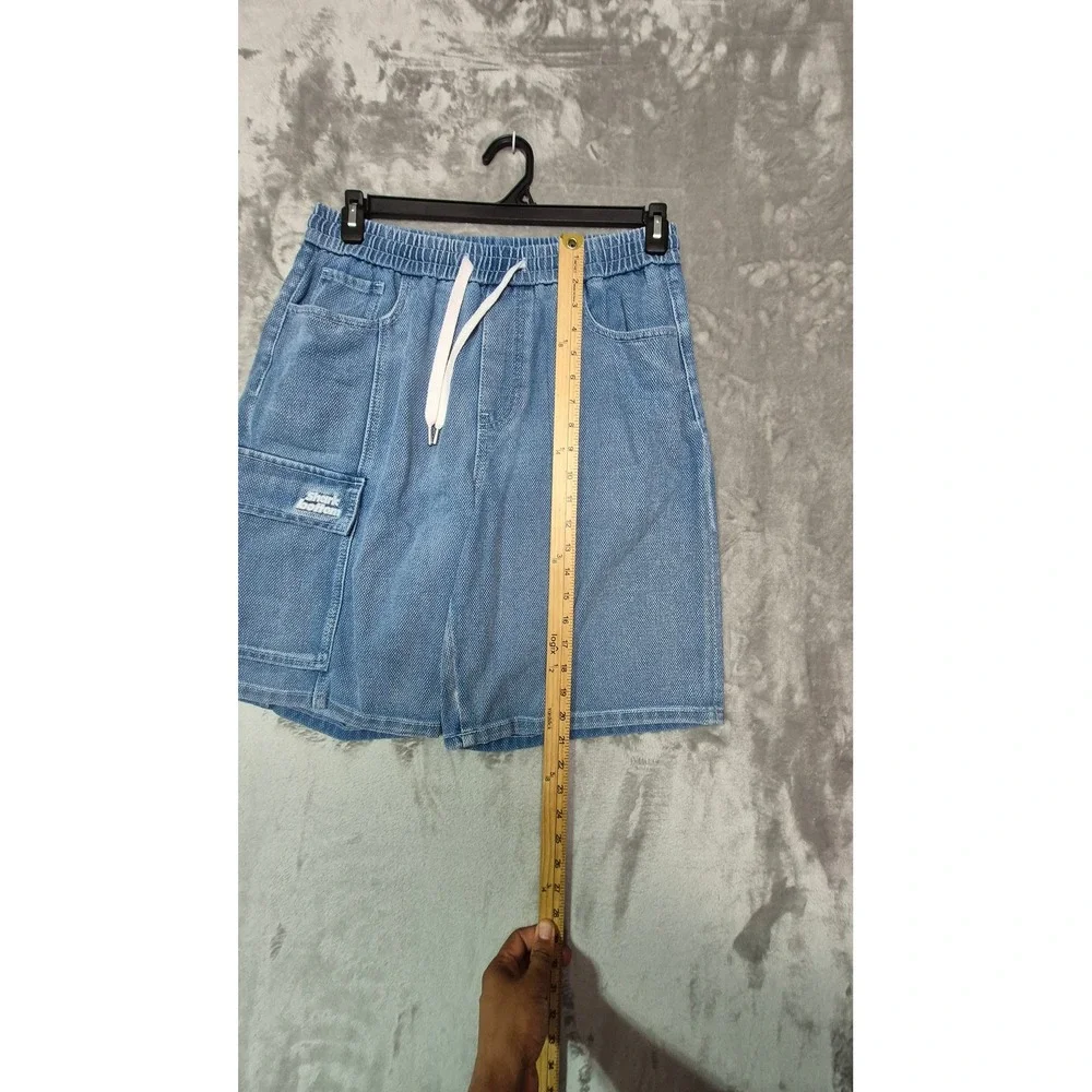 Peacebird Mens Blue Denim Cargo Shorts Elastic Waist Shark Bottom Patch 34